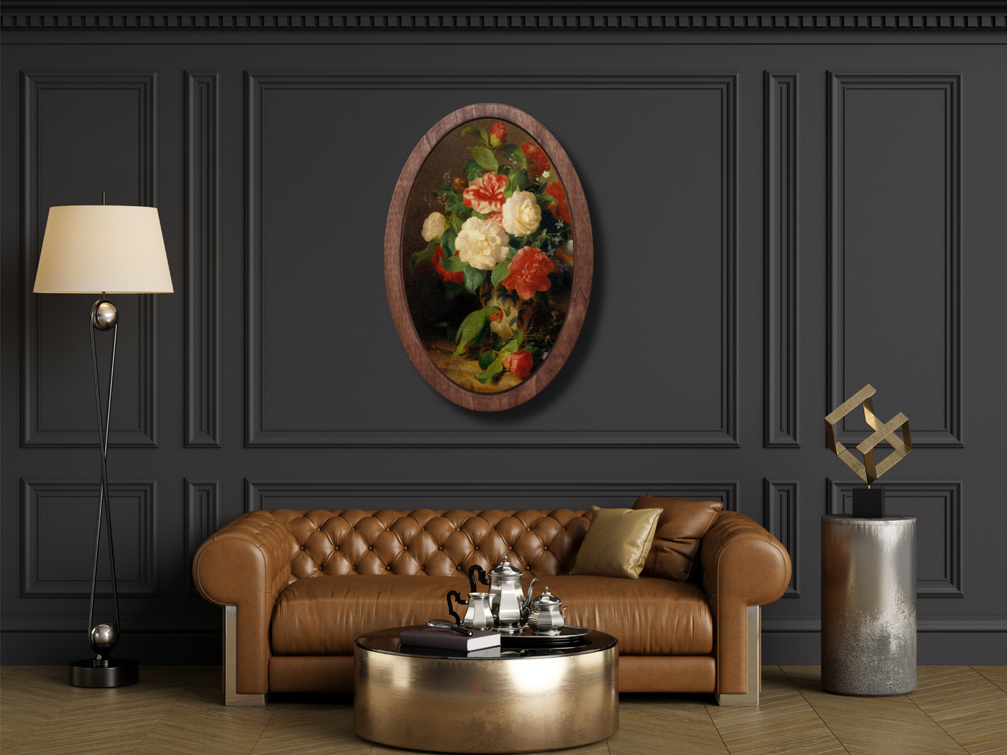Vintage Çiçek Ahşap Tablo – Klasik Oval Duvar Dekoru - Dekoratif Duvar Tablosu