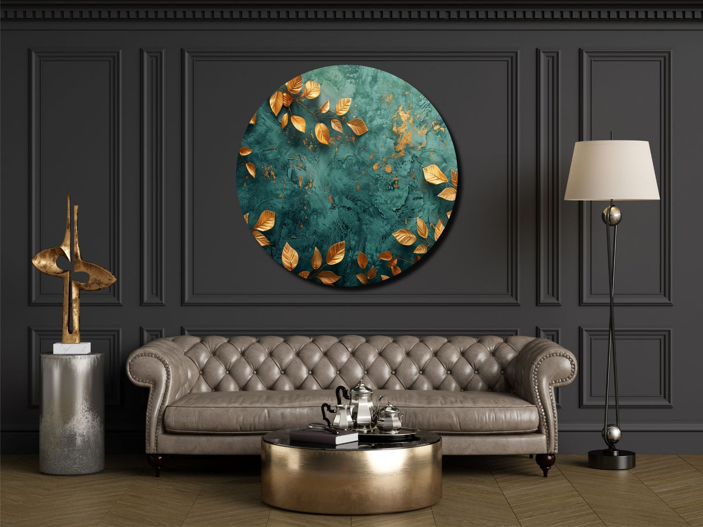 Gold Detaylı Yeşil Cam Tablo –  Mermer Dokulu Modern Yuvarlak Tablo