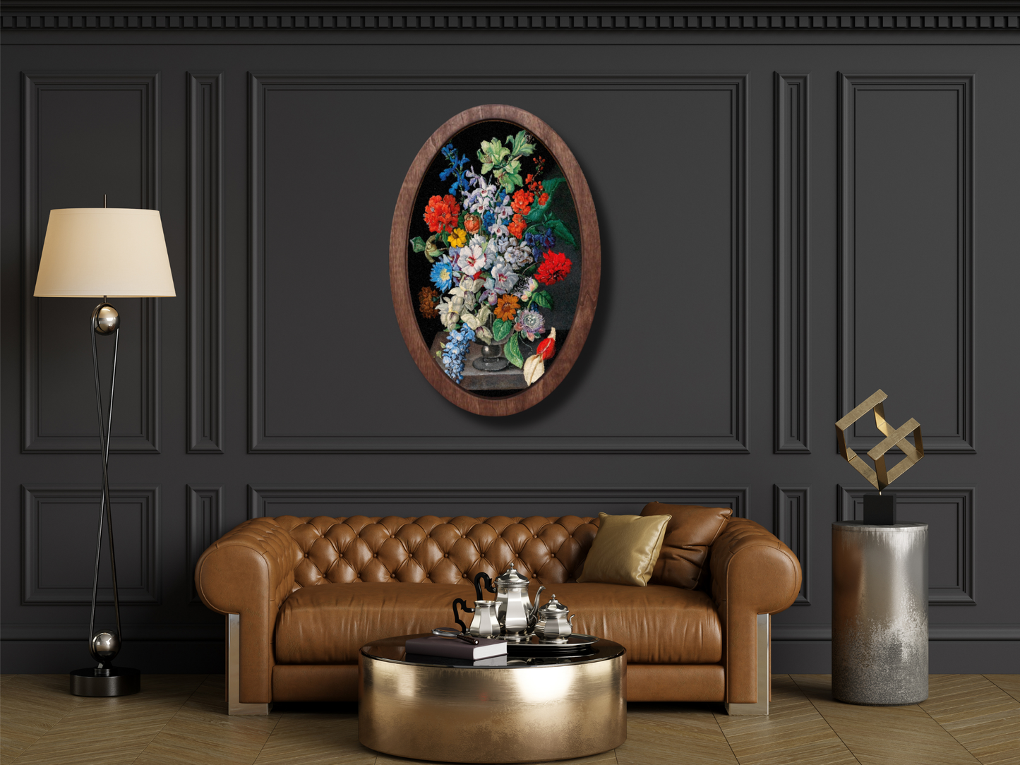 Vintage Stil Çiçek Ahşap Tablo – Klasik Oval Duvar Dekoru - Bohem Dekoratif Duvar Tablo