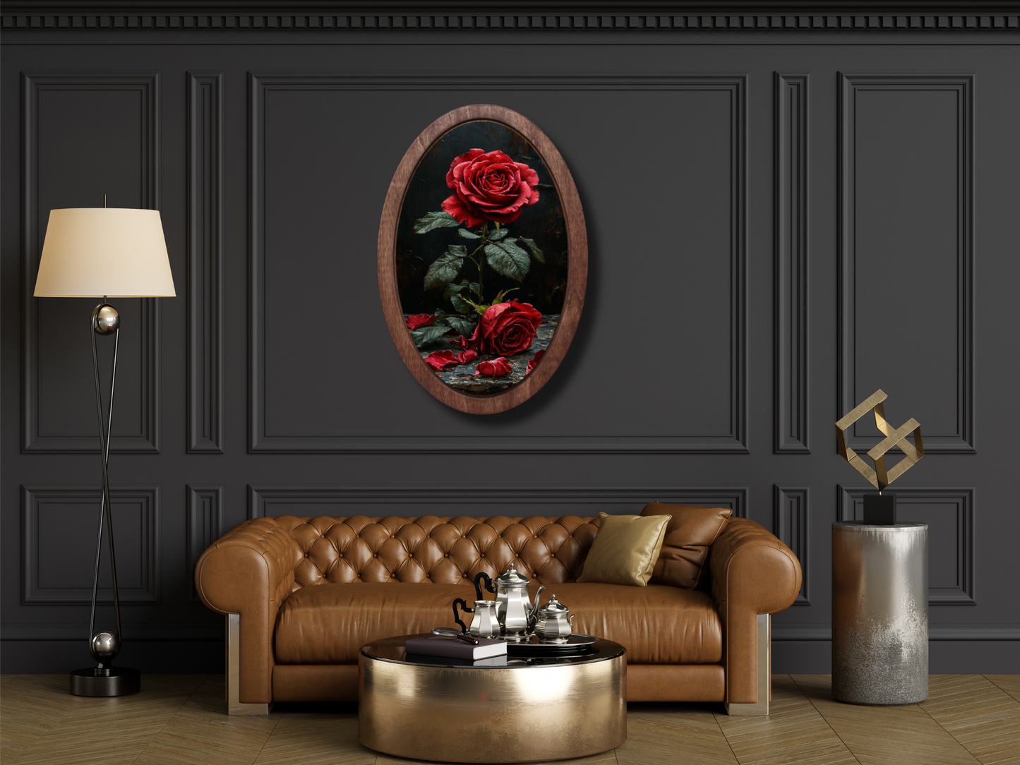 Vintage Kırmızı Gül Ahşap Tablo – Klasik Stil Oval Duvar Dekoru