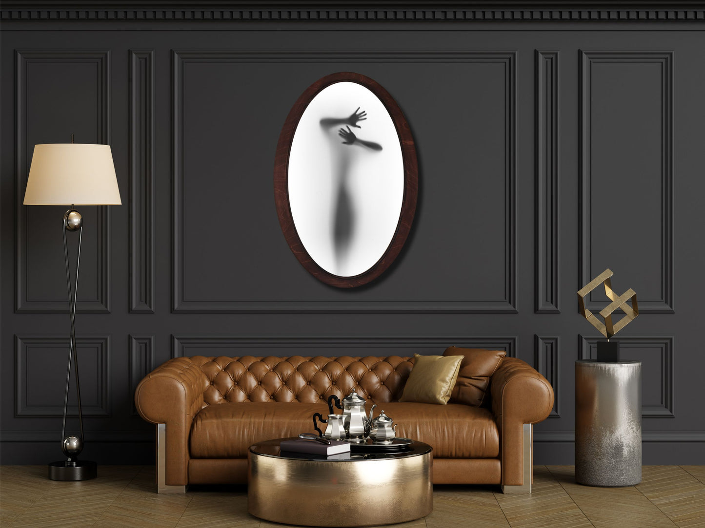 Soyut Silüet Temalı El Yapımı Oval Ahşap Tablo - Modern Gotik Duvar Dekoru