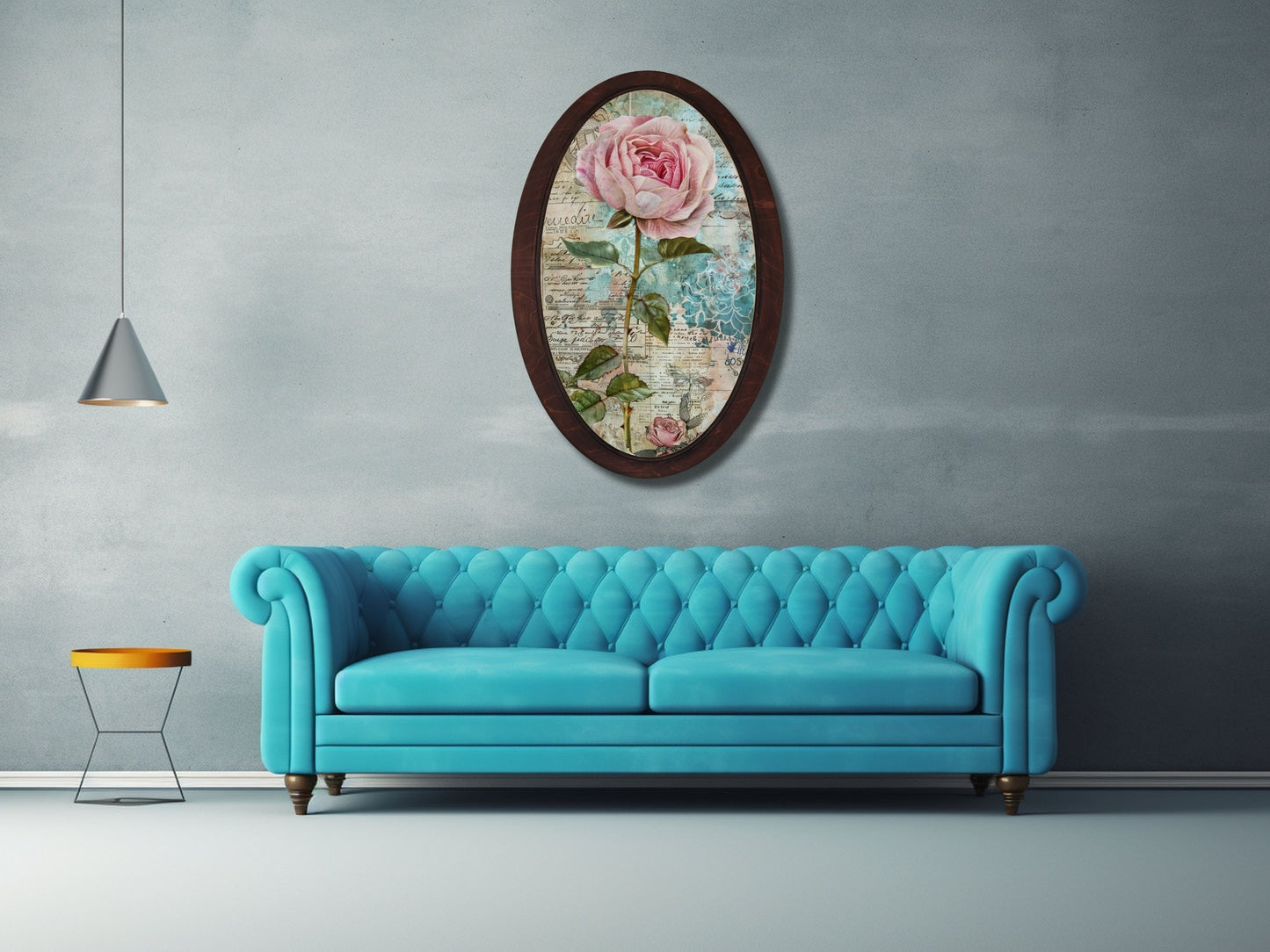Retro Stil Çiçek Desenli Oval Ahşap Tablo – Klasik Oval Duvar Dekoru - Nostaljik Dekoratif Duvar Tablosu