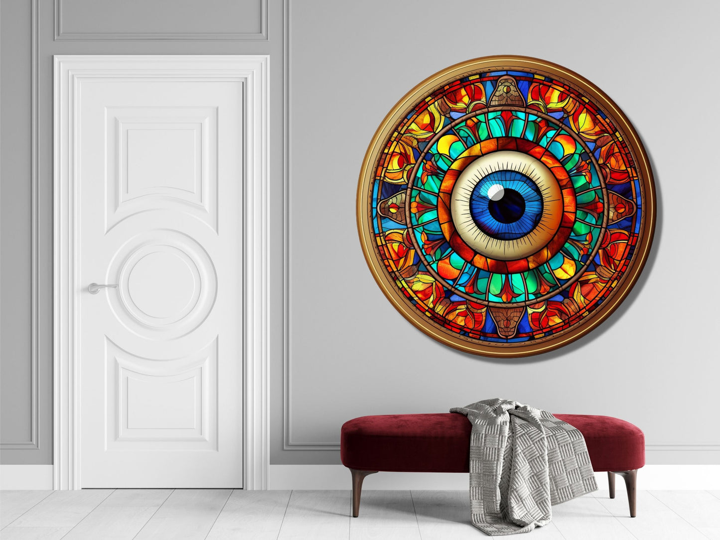 Göz ve Mandala Desenli Vitray Cam Tablo – Spiritüel Sanat - Yuvarlak Renkli Duvar Dekoru