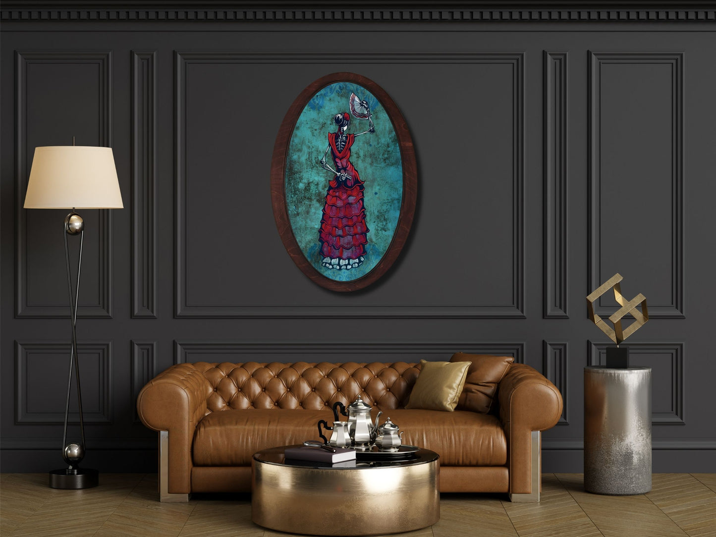 İskelet Kadın Gotik Stil Ahşap Tablo – Meksika Esintili Oval Duvar Dekoru - Vintage Ev Ofis Dekoru
