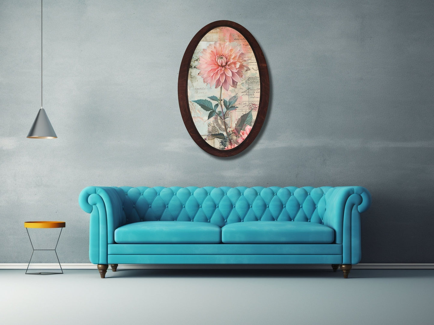 Retro Stil Çiçek Desenli Oval Ahşap Tablo – Klasik Oval Duvar Dekoru - Nostaljik Dekoratif Duvar Tablosu