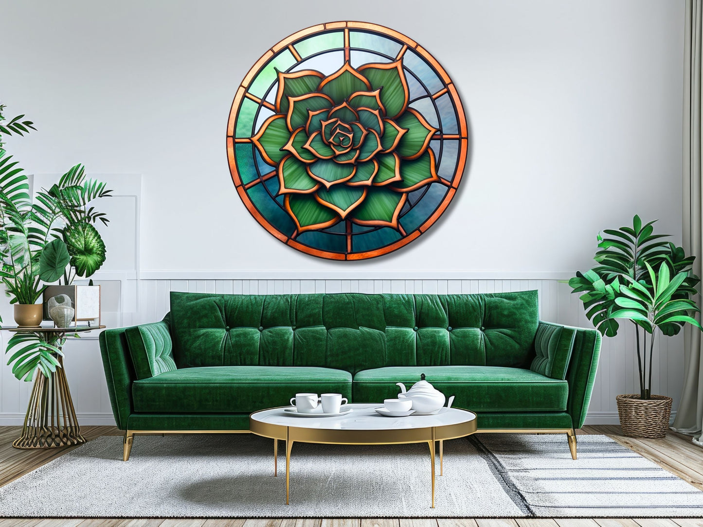 Lotus Vitray Stil Yuvarlak Cam Tablo – Modern Duvar Dekoru