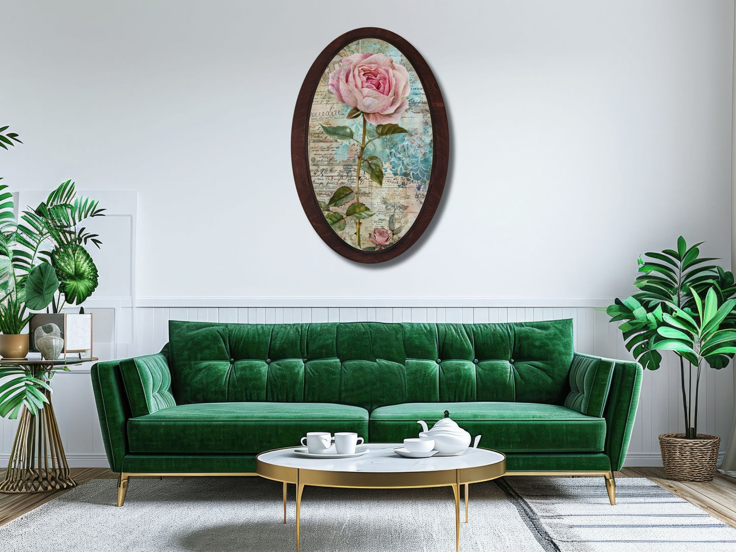 Retro Stil Çiçek Desenli Oval Ahşap Tablo – Klasik Oval Duvar Dekoru - Nostaljik Dekoratif Duvar Tablosu