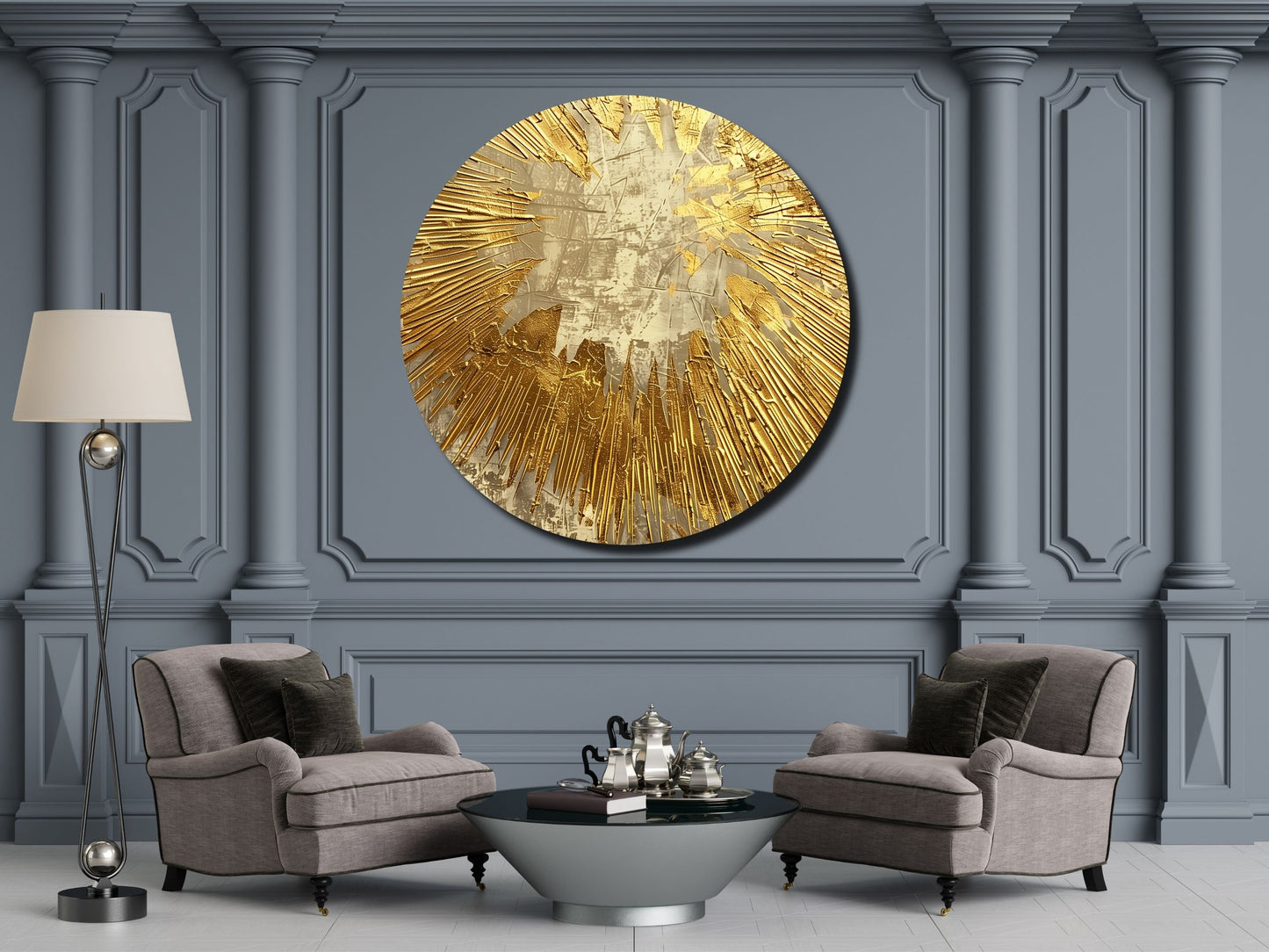 Gold Patlama Efektli Soyut Cam Tablo – Modern Yuvarlak Dekoratif Tasarım Tablo