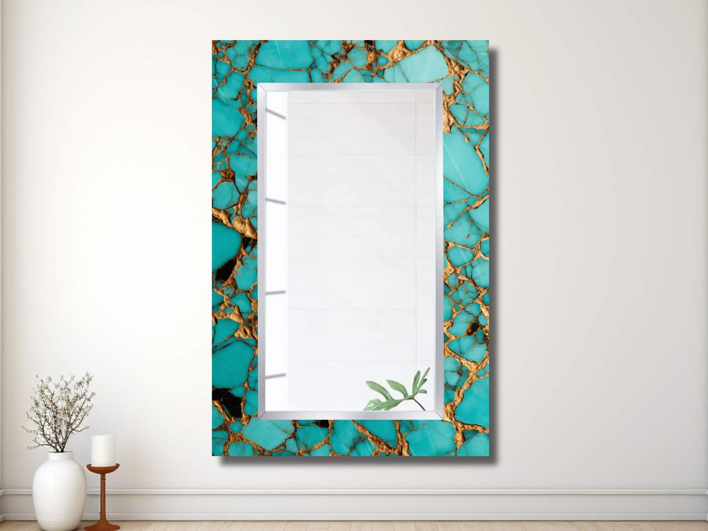 Dekoratif Turkuaz Mermer Desenli Ayna - Modern Tasarım Ayna - Banyo Aynası - Minimalist Boy Aynası