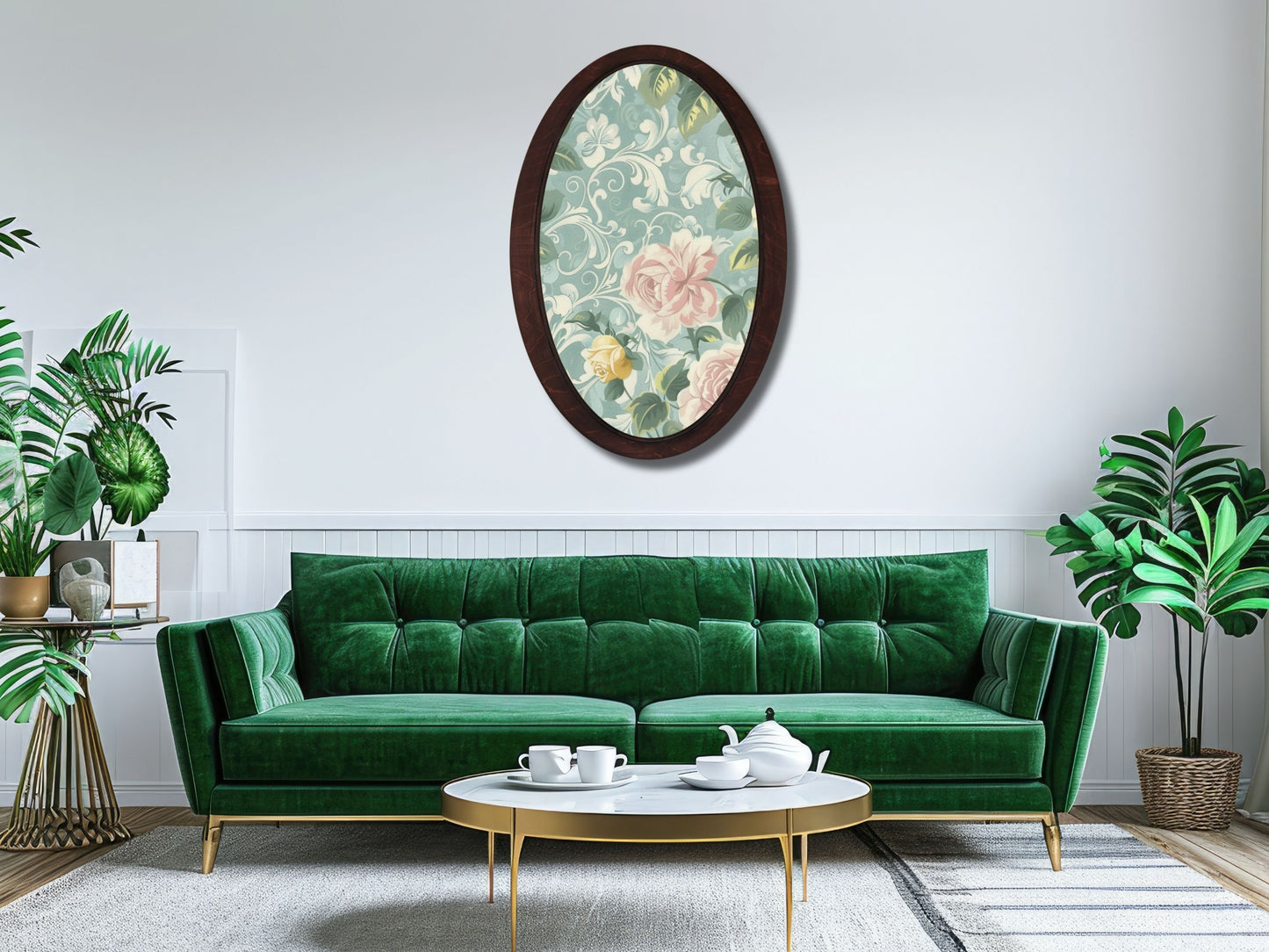 Retro Stil Dekoratif Oval Ahşap Tablo – Klasik Oval Duvar Dekoru - Çiçek Motifli Dekoratif Duvar Tablosu