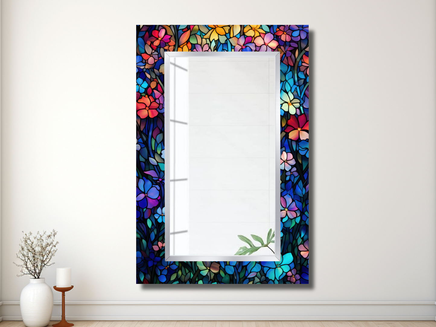 Çiçek Vitray Desenli Ayna - Modern Dekoratif Ayna - Boy Aynası - Banyo Aynası - Ev Duvar Dekorasyonu