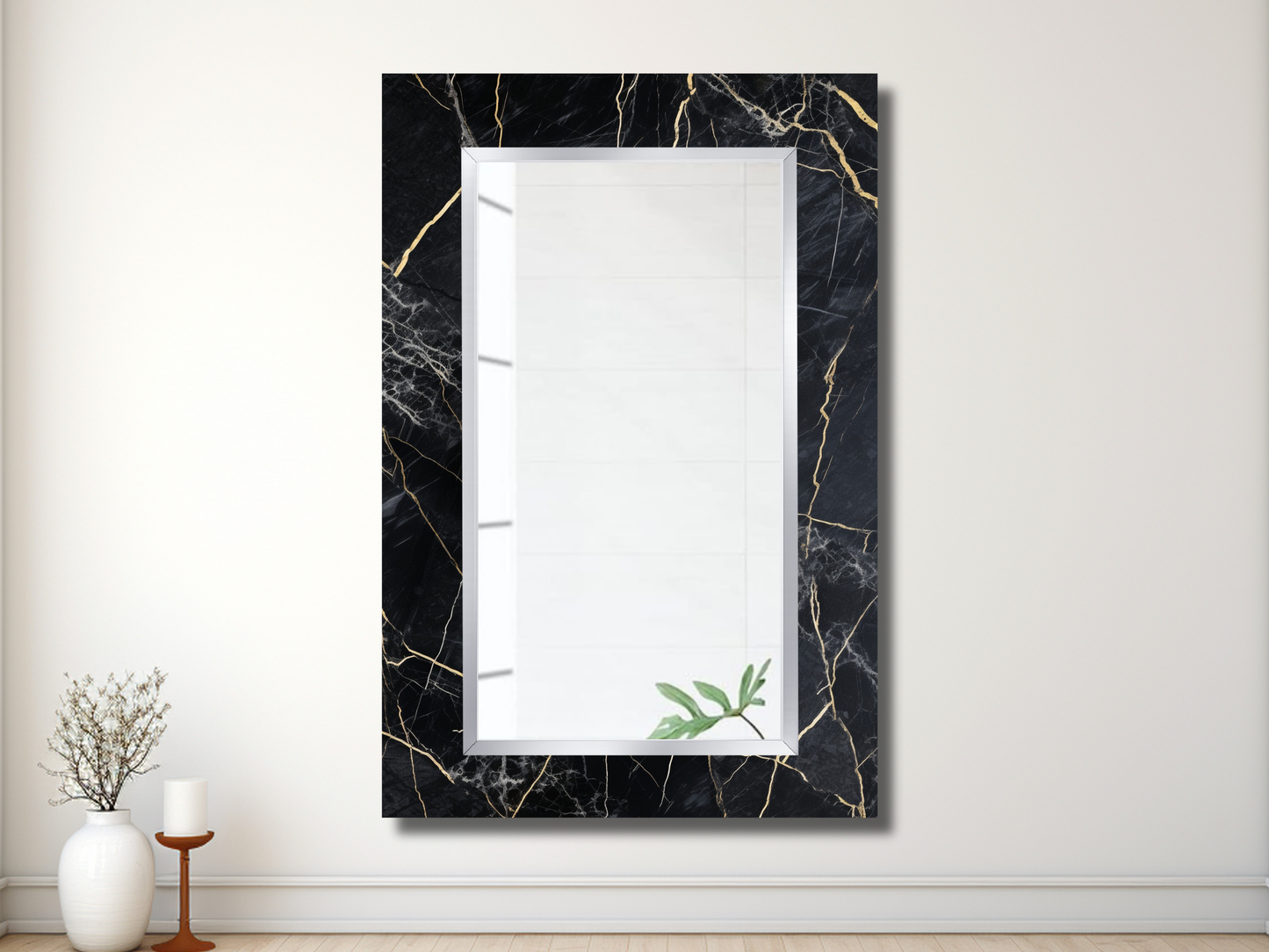 Siyah Mermer Desenli Ayna - Modern Tasarım Boy Aynası - Banyo Aynası - Makyaj Masası Aynası