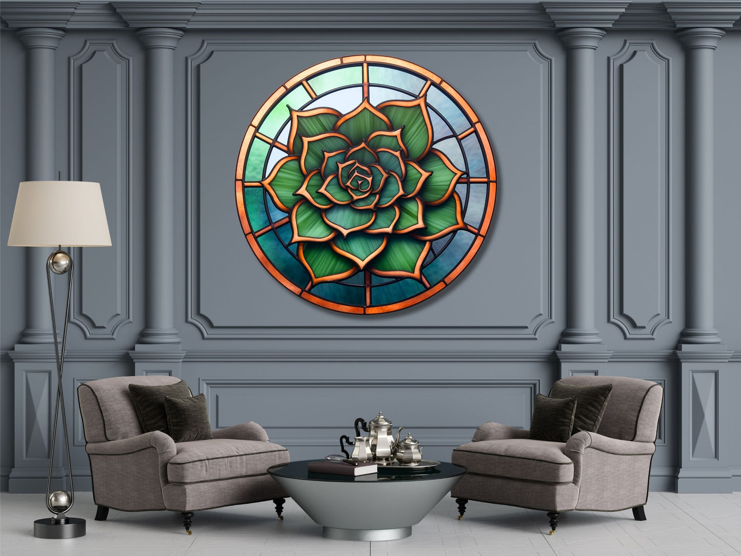 Lotus Vitray Stil Yuvarlak Cam Tablo – Modern Duvar Dekoru