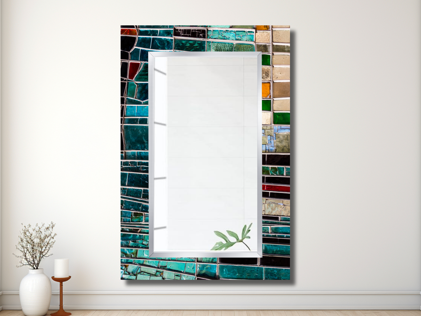 Renkli Vitray Desenli Ayna - Modern Tasarım Boy Aynası - Banyo Aynası - Çerçevesiz Ayna