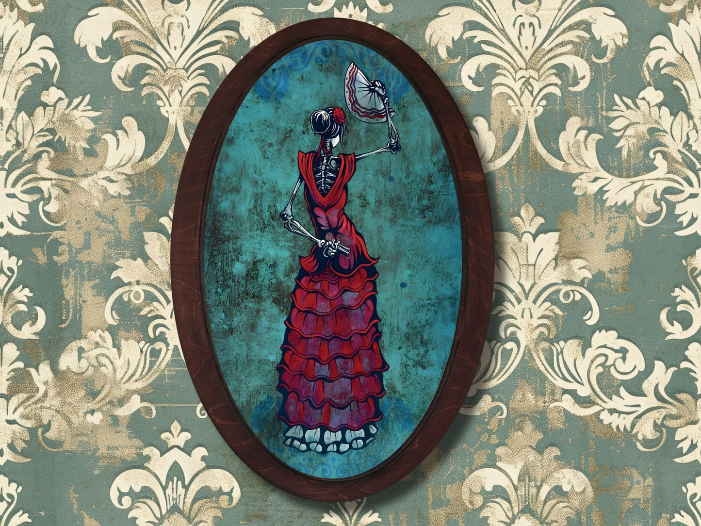 İskelet Kadın Gotik Stil Ahşap Tablo – Meksika Esintili Oval Duvar Dekoru - Vintage Ev Ofis Dekoru