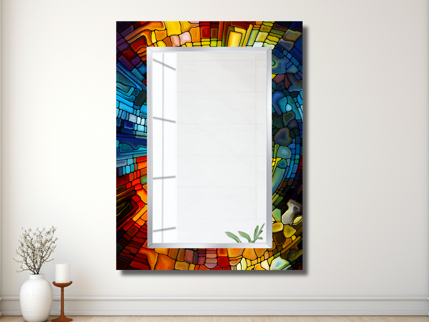 Vitray Desenli Ayna - Dekoratif Boy Aynası - Banyo Aynası - Modern Ev Dekorasyonu - Makyaj Masası Aynası