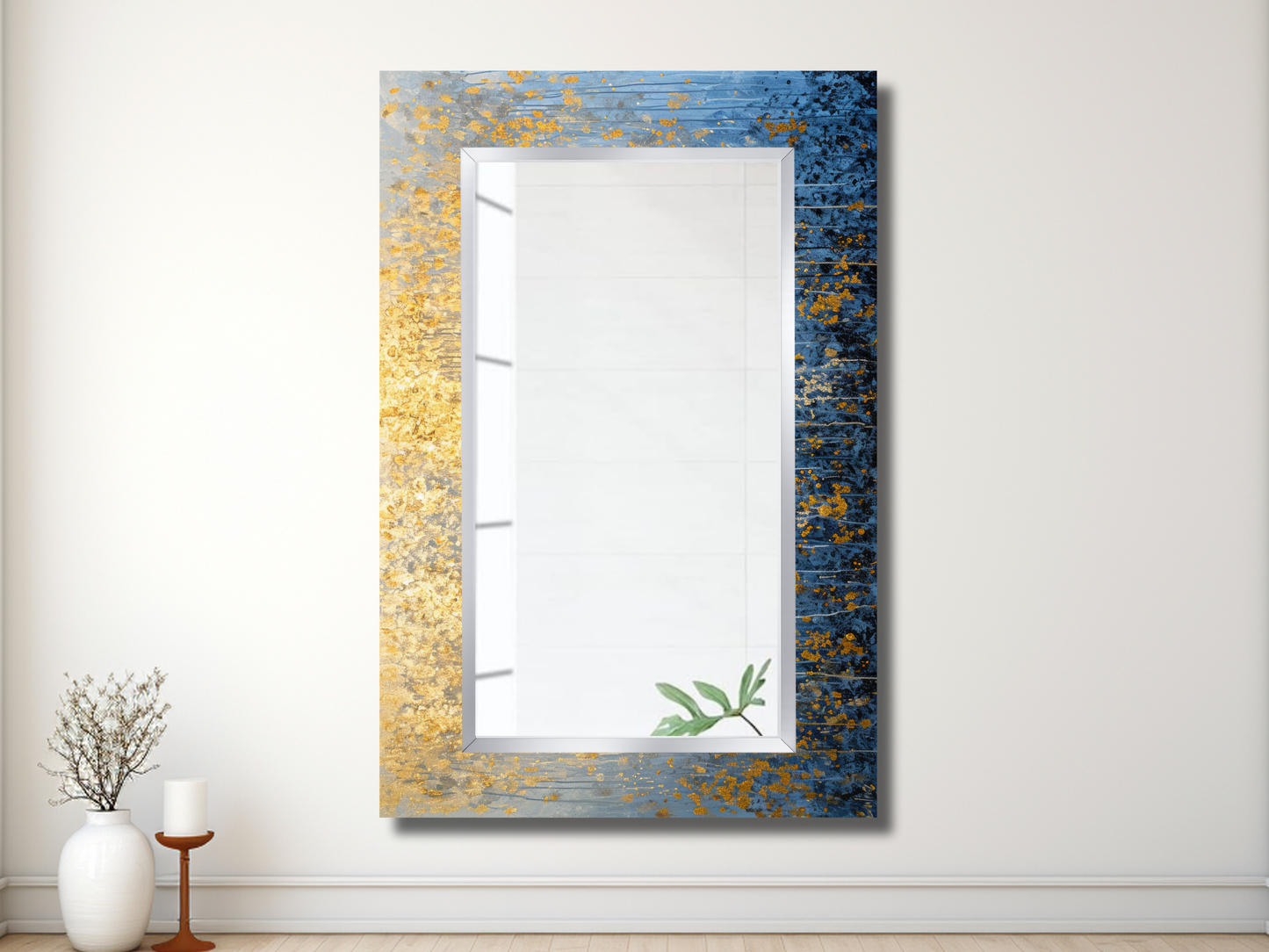 Gold Mavi Mermer Desenli Ayna - Modern Tasarım Ayna - Banyo Aynası - Minimalist Boy Aynası