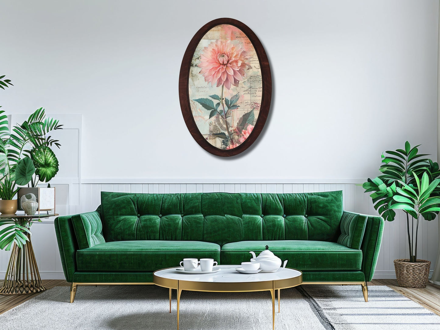 Retro Stil Çiçek Desenli Oval Ahşap Tablo – Klasik Oval Duvar Dekoru - Nostaljik Dekoratif Duvar Tablosu