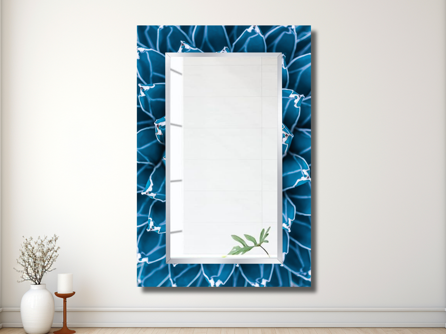 Mavi Kaktüs Desenli Ayna - Modern Tasarım Boy Aynası - Banyo Aynası - Yatak Odası Aynası