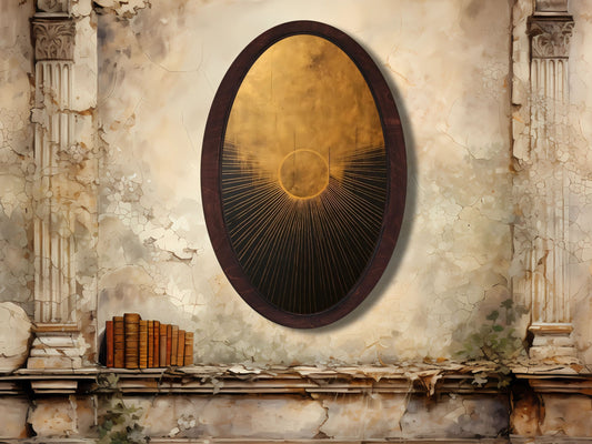 Altın Güneş Soyut Tasarım Oval Ahşap Tablo - Modern Spiritüel Duvar Dekoru
