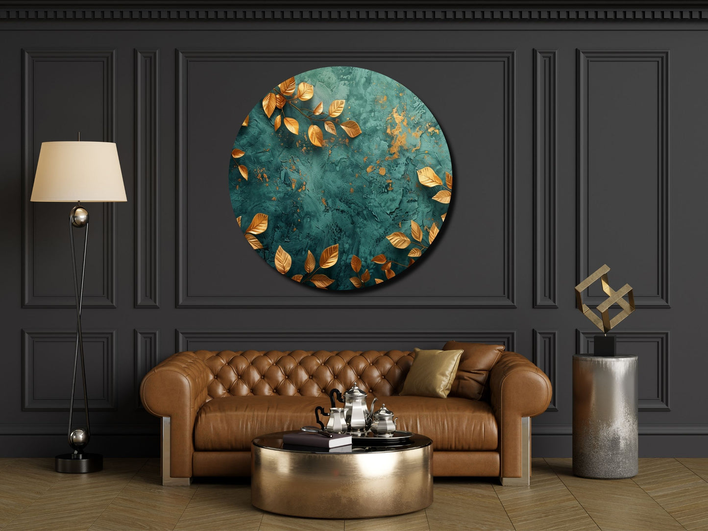 Gold Detaylı Yeşil Cam Tablo –  Mermer Dokulu Modern Yuvarlak Tablo