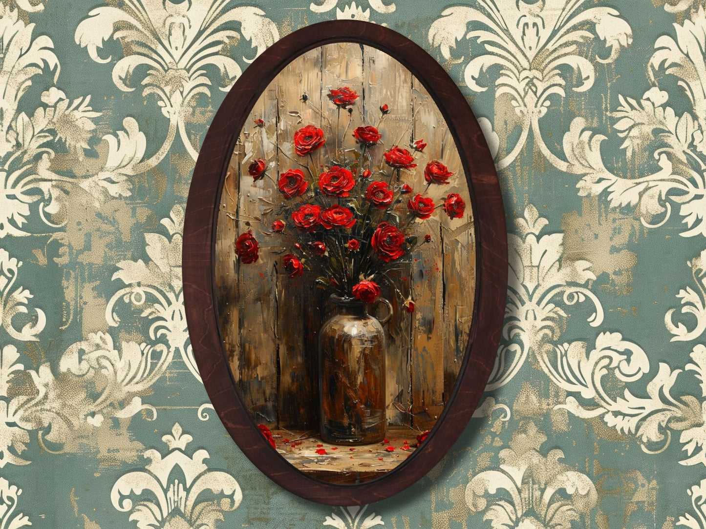 Rustik Ahşap Gül Tablosu - Vintage Oval Duvar Tablosu - Ev Ofis Dekoru