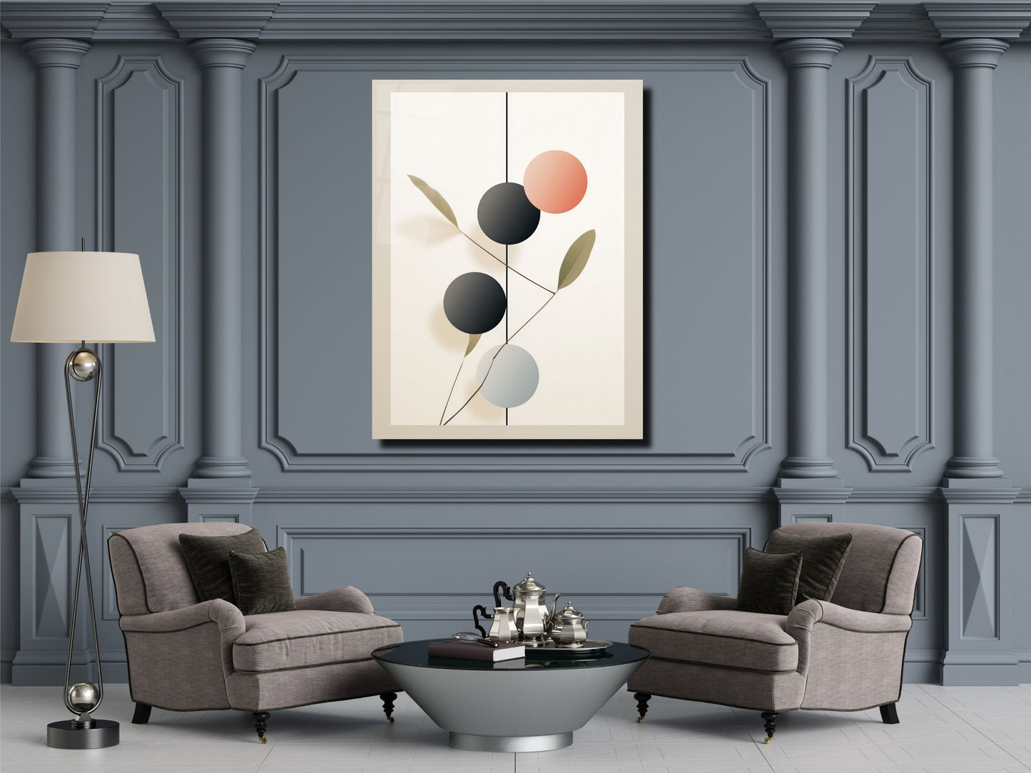 Minimalist Doğa Temalı Cam Tablo – Geometrik Bitki Desenli Duvar Dekoru