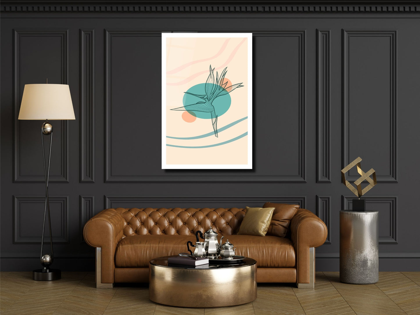 Minimalist Kuş Cenneti Çiçeği Cam Tablo – Çizgisel Botanik Duvar Dekoru – Pastel Renkli Modern Sanat
