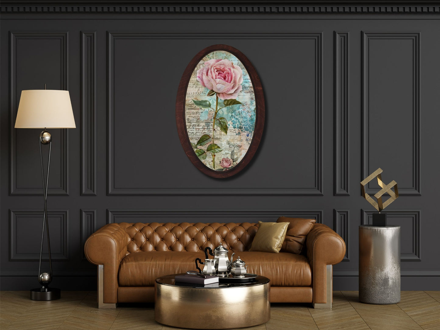 Retro Stil Çiçek Desenli Oval Ahşap Tablo – Klasik Oval Duvar Dekoru - Nostaljik Dekoratif Duvar Tablosu