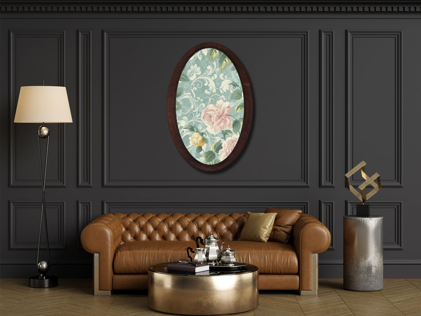 Retro Stil Dekoratif Oval Ahşap Tablo – Klasik Oval Duvar Dekoru - Çiçek Motifli Dekoratif Duvar Tablosu