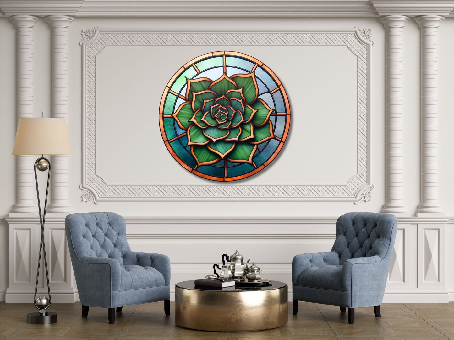 Lotus Vitray Stil Yuvarlak Cam Tablo – Modern Duvar Dekoru