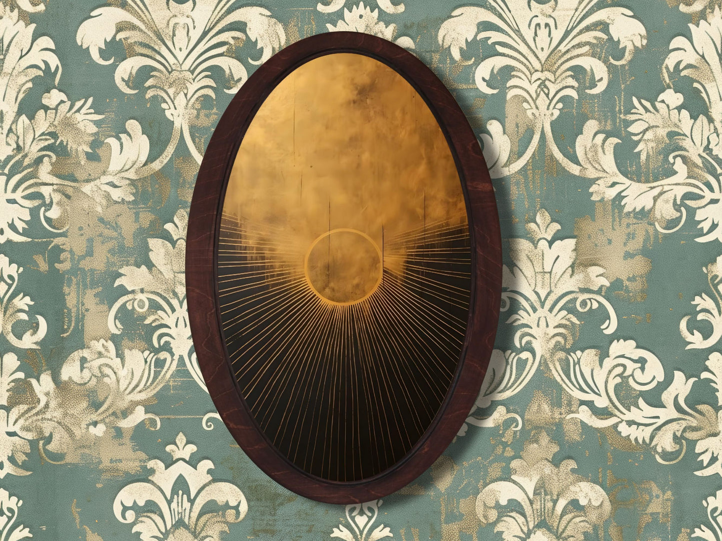 Altın Güneş Soyut Tasarım Oval Ahşap Tablo - Modern Spiritüel Duvar Dekoru