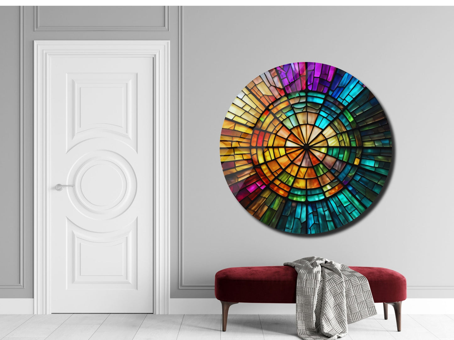 Spiral Vitray Desenli Renkli Cam Tablo – Yuvarlak Modern Duvar Dekoru