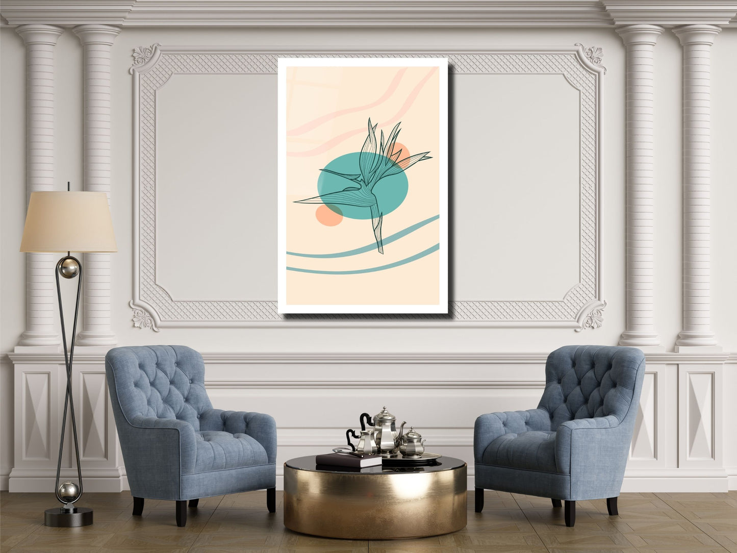 Minimalist Kuş Cenneti Çiçeği Cam Tablo – Çizgisel Botanik Duvar Dekoru – Pastel Renkli Modern Sanat