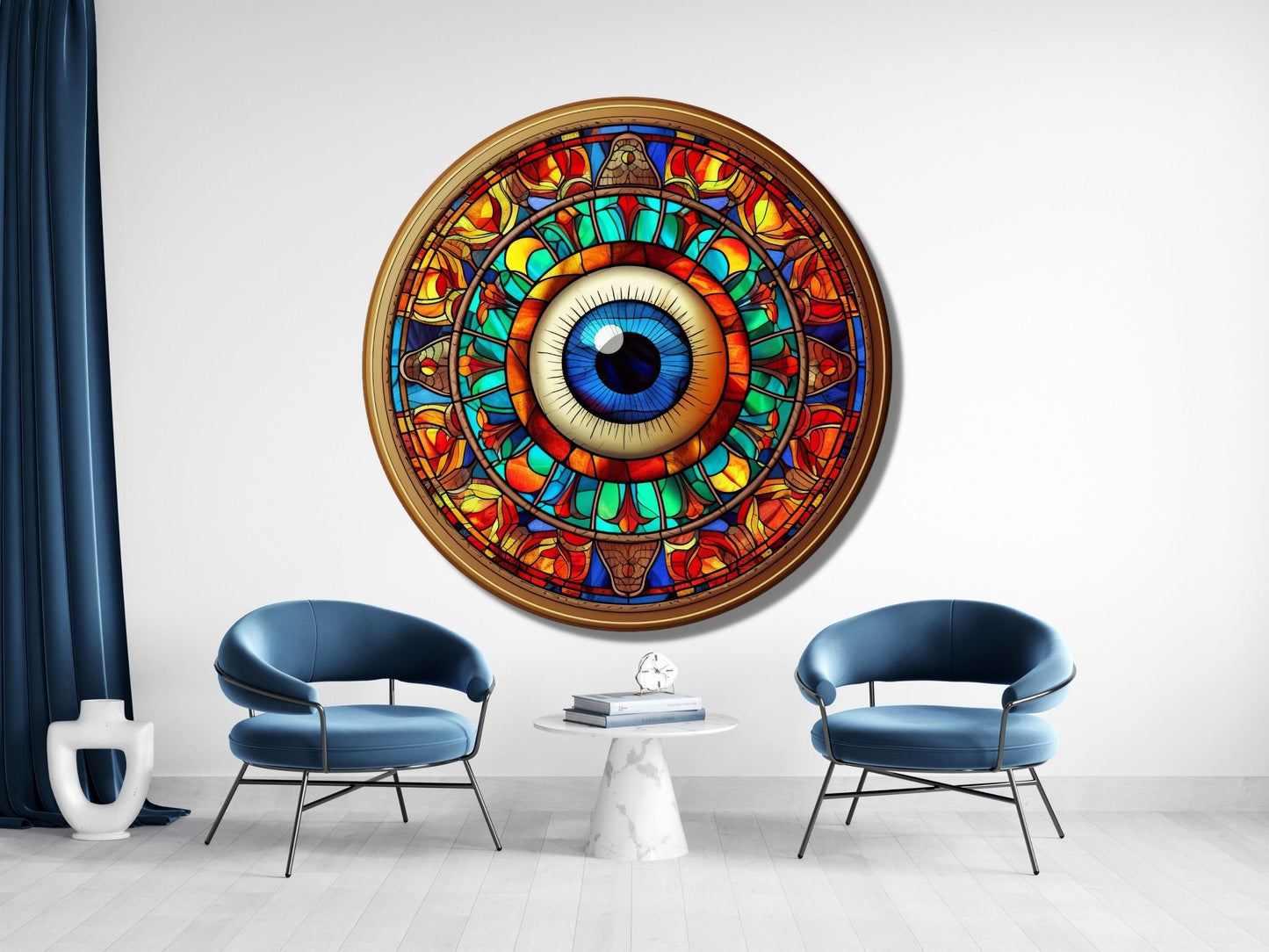 Göz ve Mandala Desenli Vitray Cam Tablo – Spiritüel Sanat - Yuvarlak Renkli Duvar Dekoru