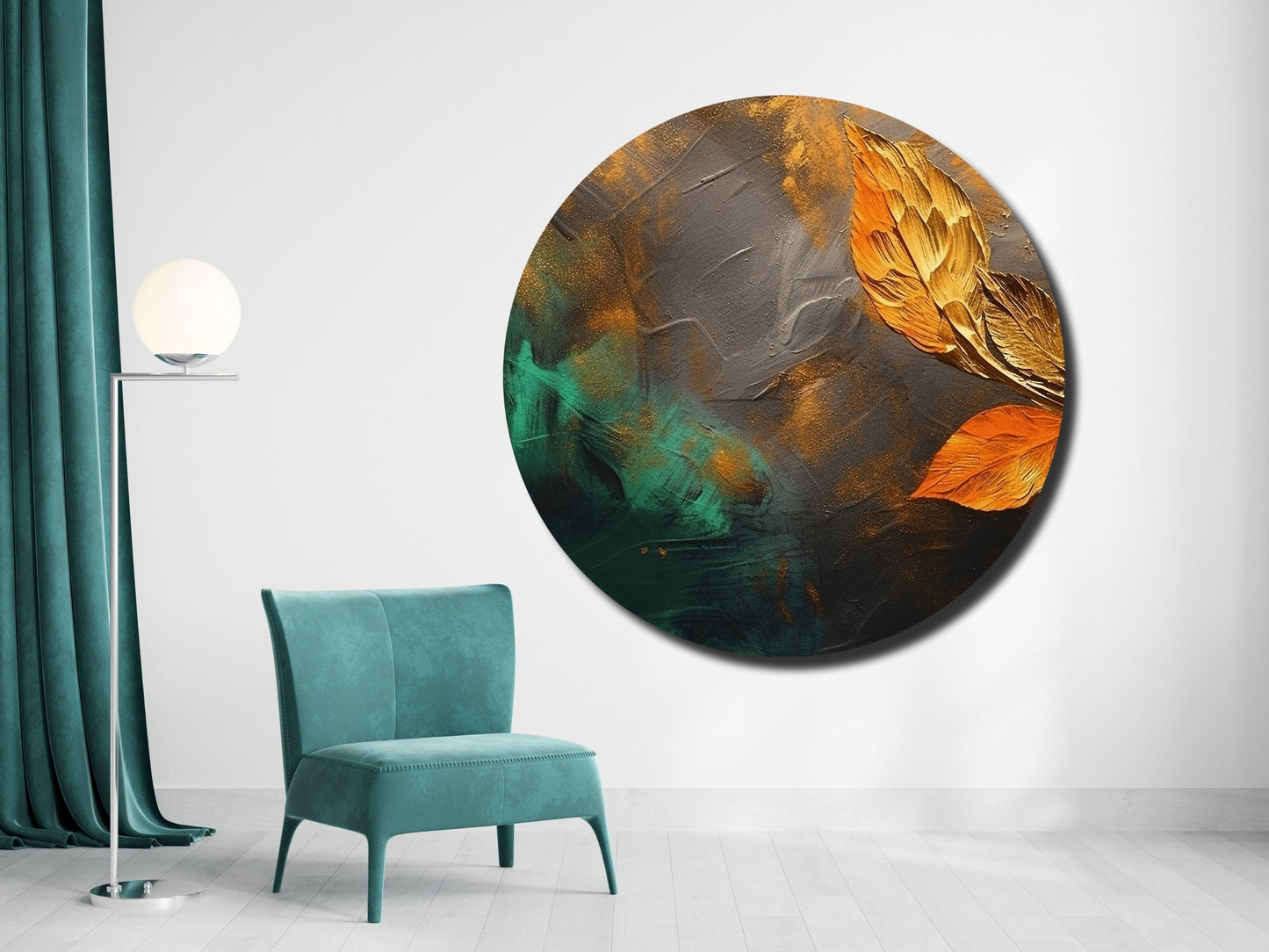Modern Yaprak Temalı Yuvarlak Cam Tablo - Soyut ve Pastel Tasarım