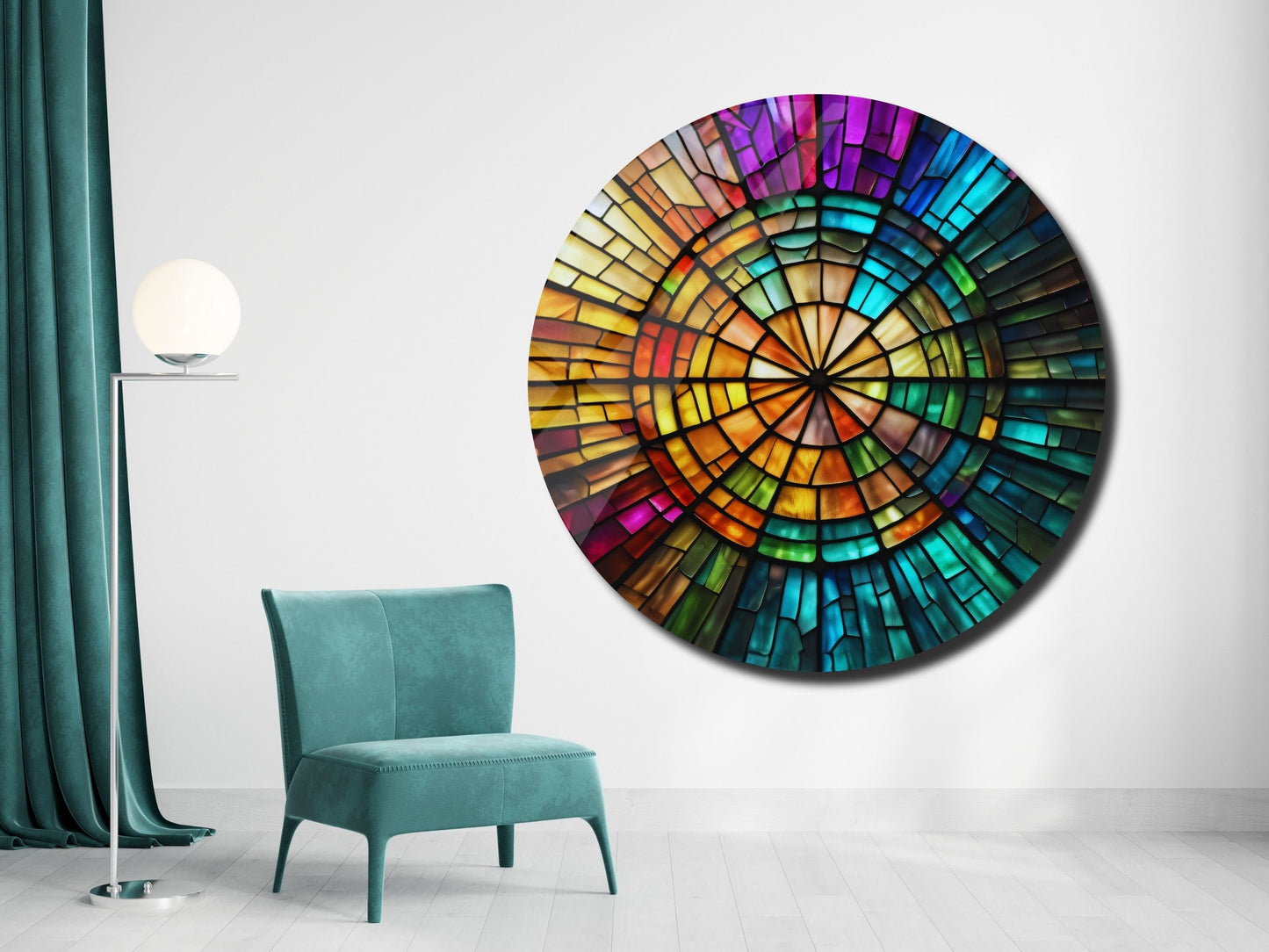 Spiral Vitray Desenli Renkli Cam Tablo – Yuvarlak Modern Duvar Dekoru