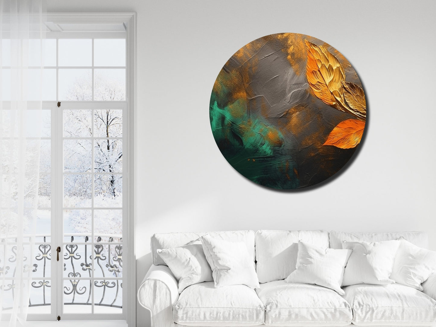 Modern Yaprak Temalı Yuvarlak Cam Tablo - Soyut ve Pastel Tasarım