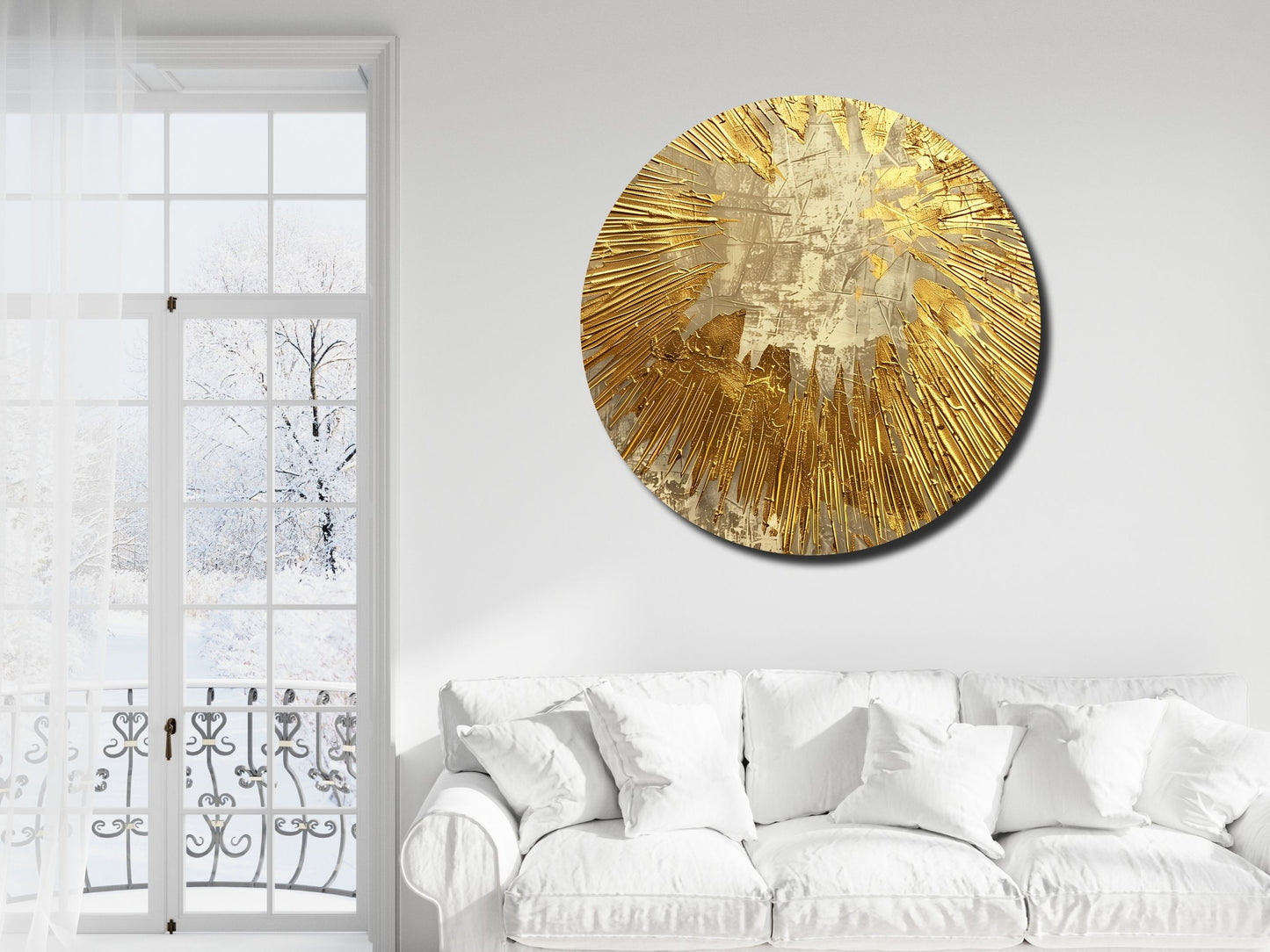 Gold Patlama Efektli Soyut Cam Tablo – Modern Yuvarlak Dekoratif Tasarım Tablo