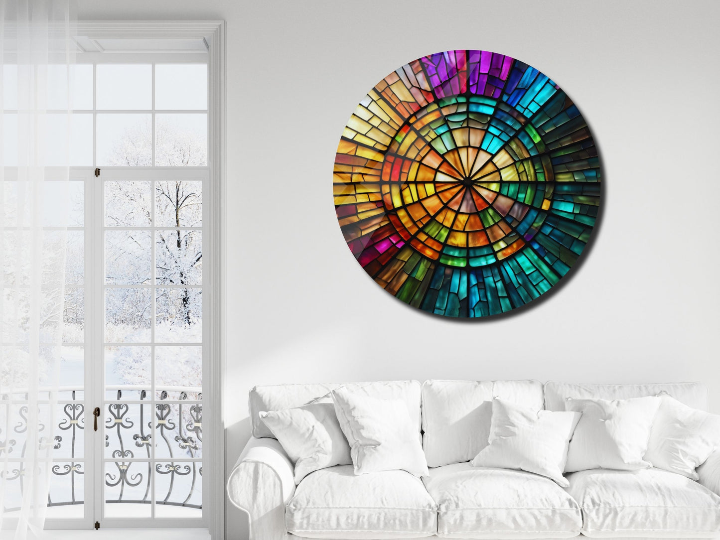 Spiral Vitray Desenli Renkli Cam Tablo – Yuvarlak Modern Duvar Dekoru