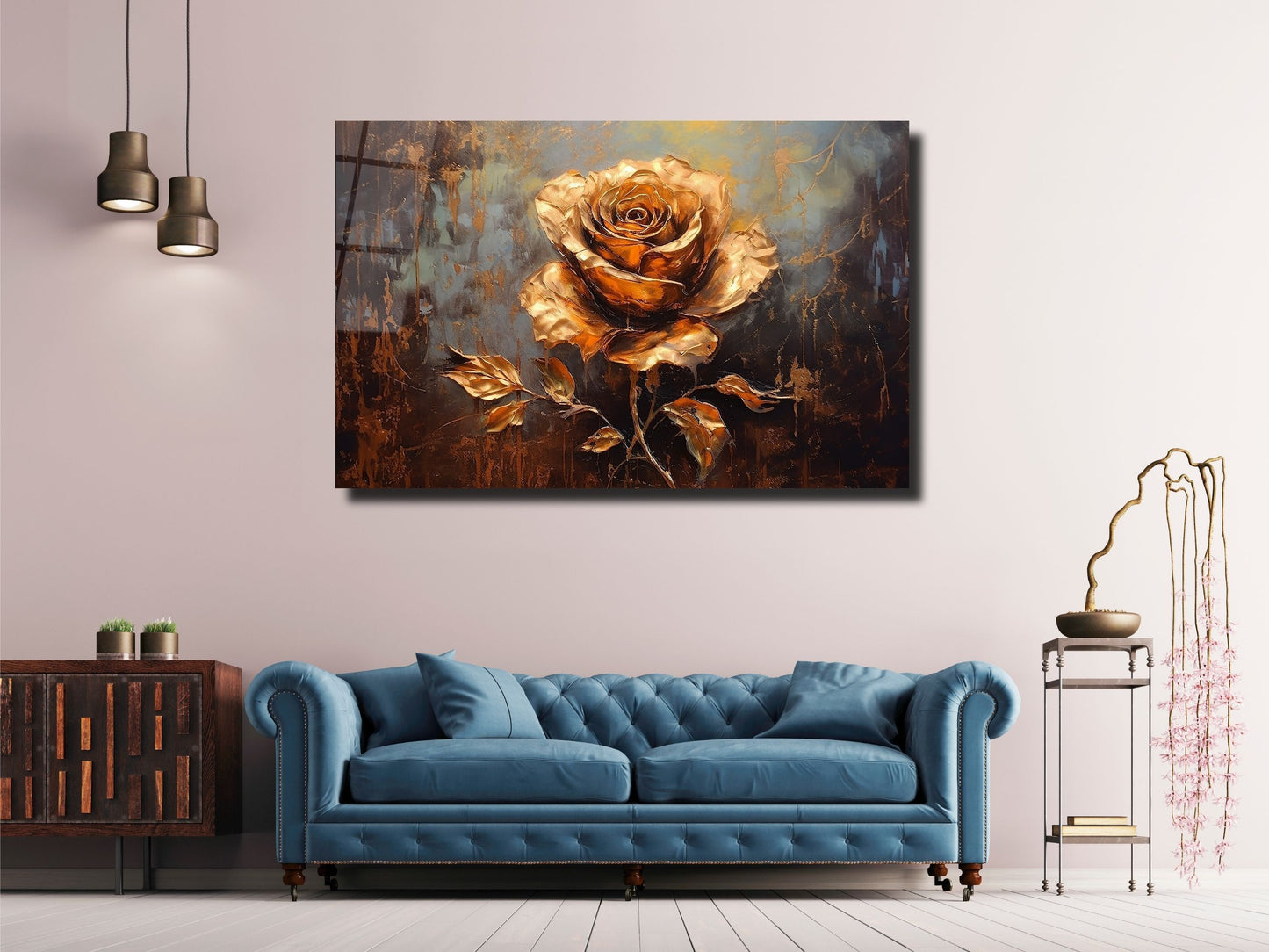 Gold Gül Cam Tablo - Dekoratif Tablo