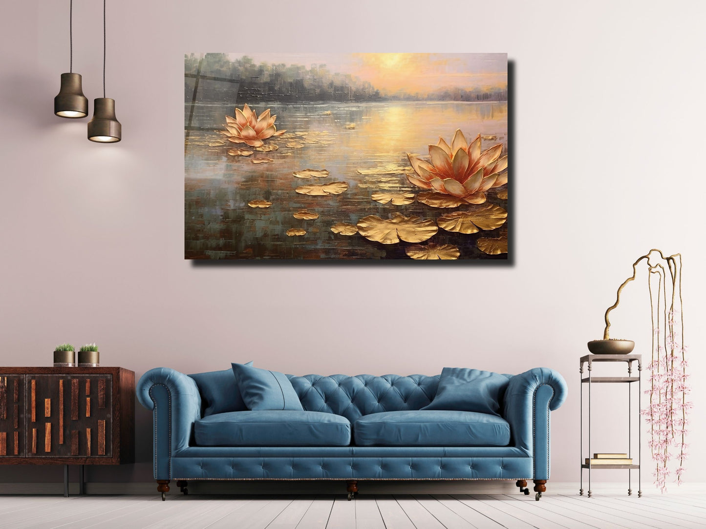 Gold Lotus Cam Tablo - Dekoratif Tablo