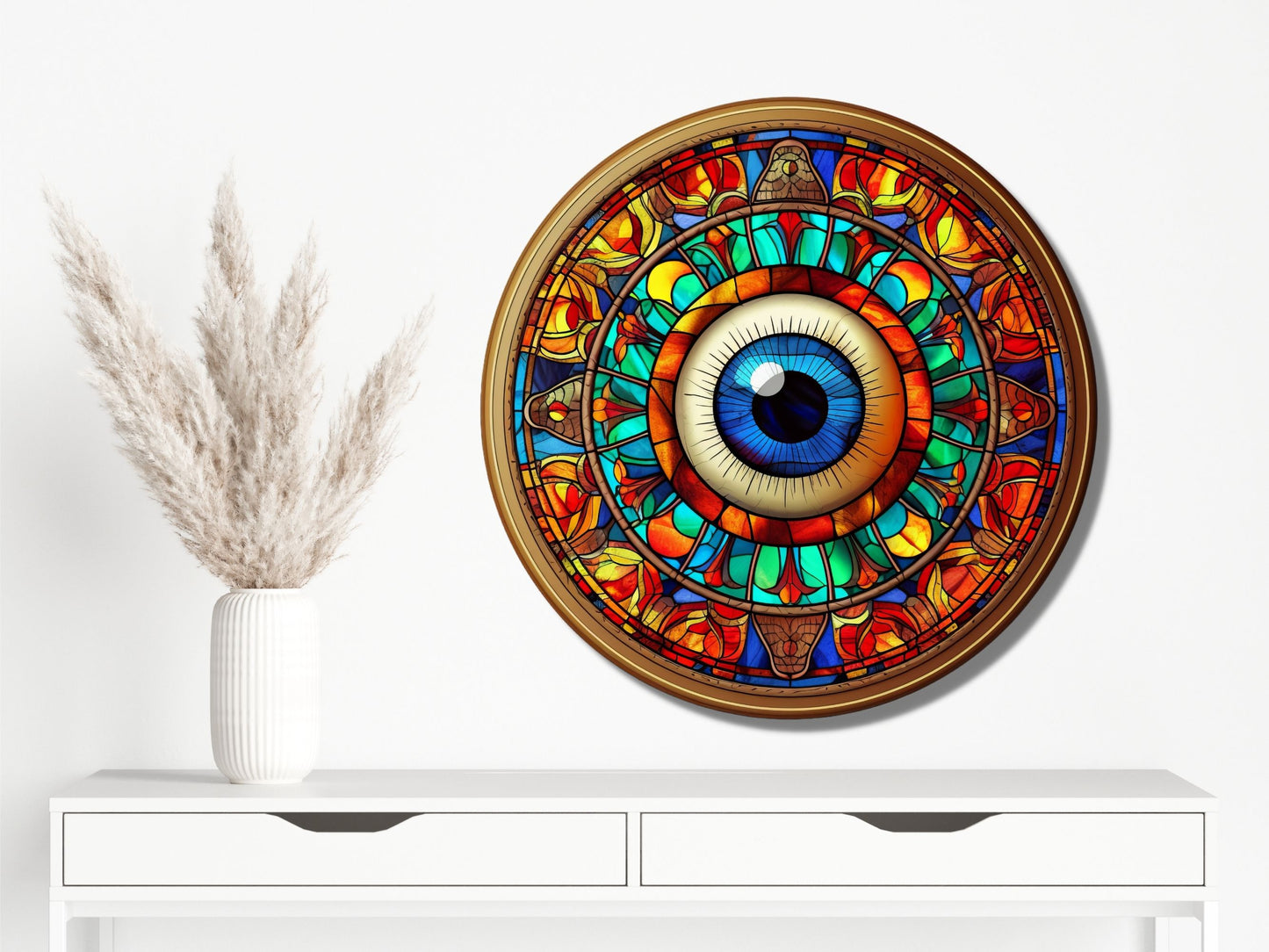 Göz ve Mandala Desenli Vitray Cam Tablo – Spiritüel Sanat - Yuvarlak Renkli Duvar Dekoru