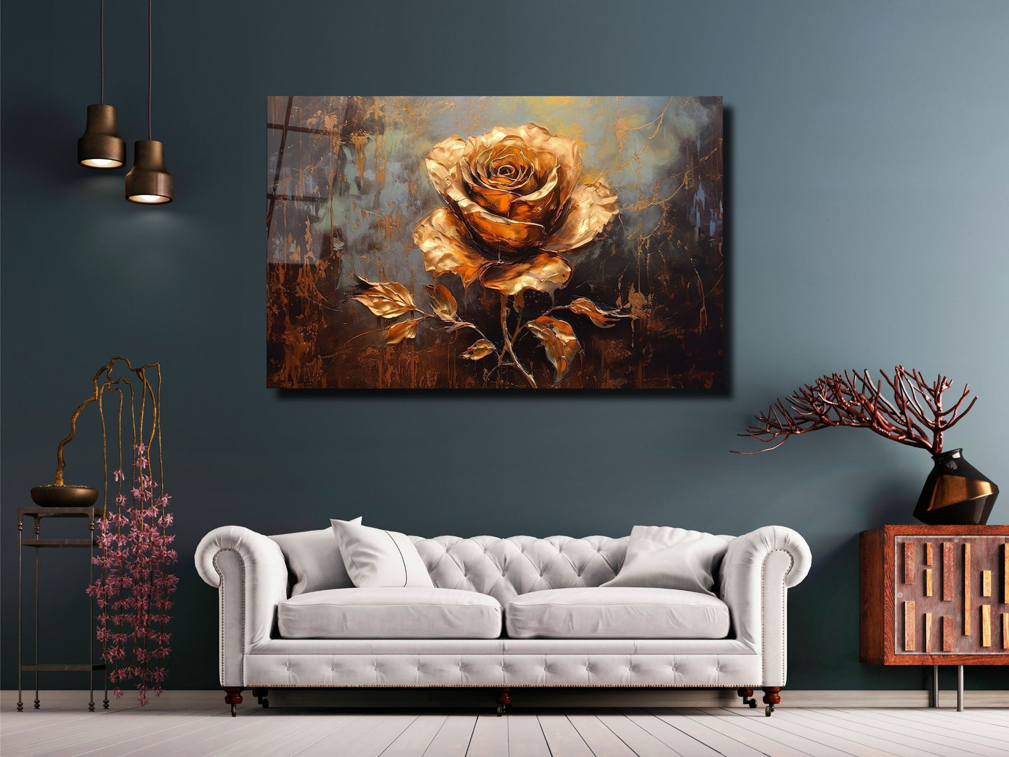 Gold Gül Cam Tablo - Dekoratif Tablo