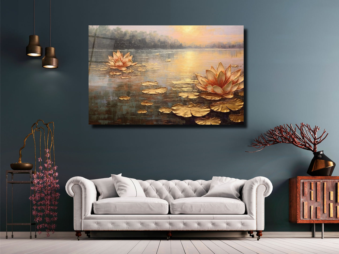 Gold Lotus Cam Tablo - Dekoratif Tablo