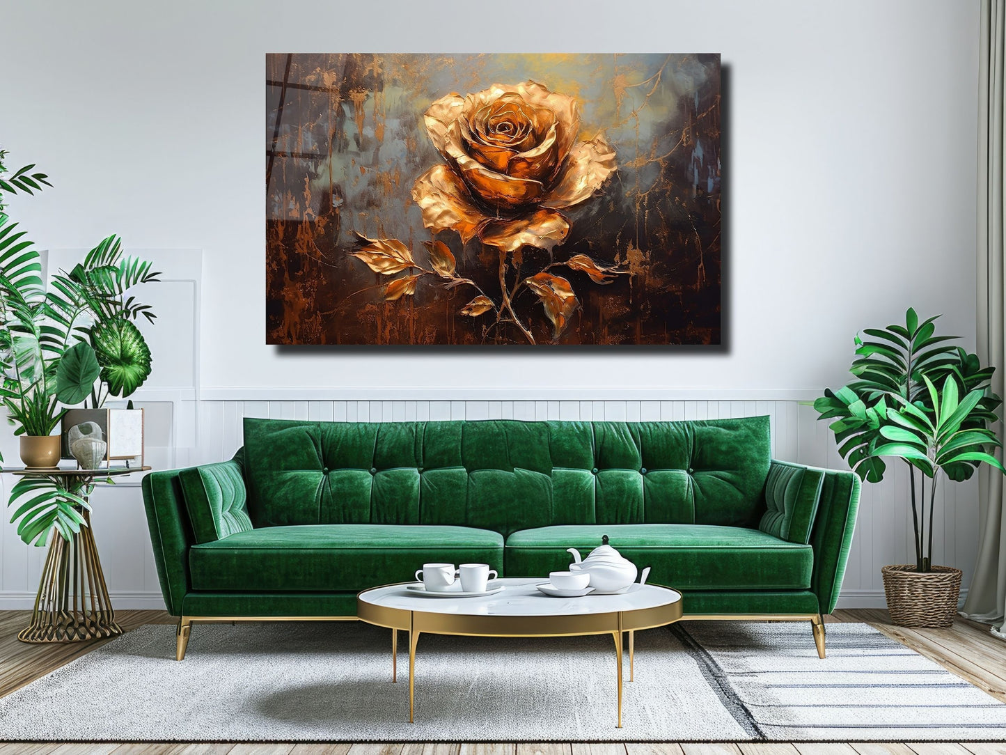 Gold Gül Cam Tablo - Dekoratif Tablo
