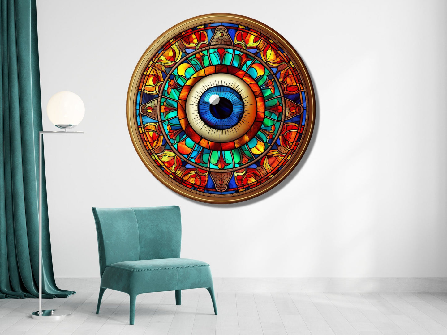 Göz ve Mandala Desenli Vitray Cam Tablo – Spiritüel Sanat - Yuvarlak Renkli Duvar Dekoru