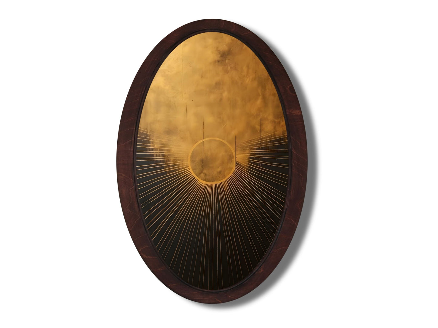 Altın Güneş Soyut Tasarım Oval Ahşap Tablo - Modern Spiritüel Duvar Dekoru