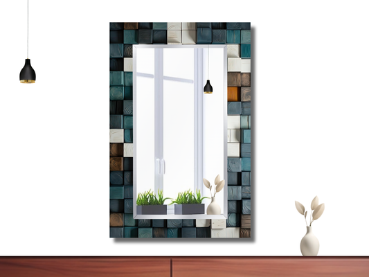 Desenli Ayna - Ahşap Görünümlü 3D Tasarım Ayna - Boy Aynası - Banyo Aynası