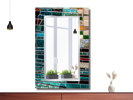 Renkli Vitray Desenli Ayna - Modern Tasarım Boy Aynası - Banyo Aynası - Çerçevesiz Ayna